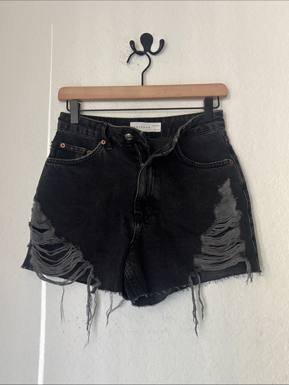 Topshop Black distressed  High-Waist Denim Shorts size 2 waist 26 inches